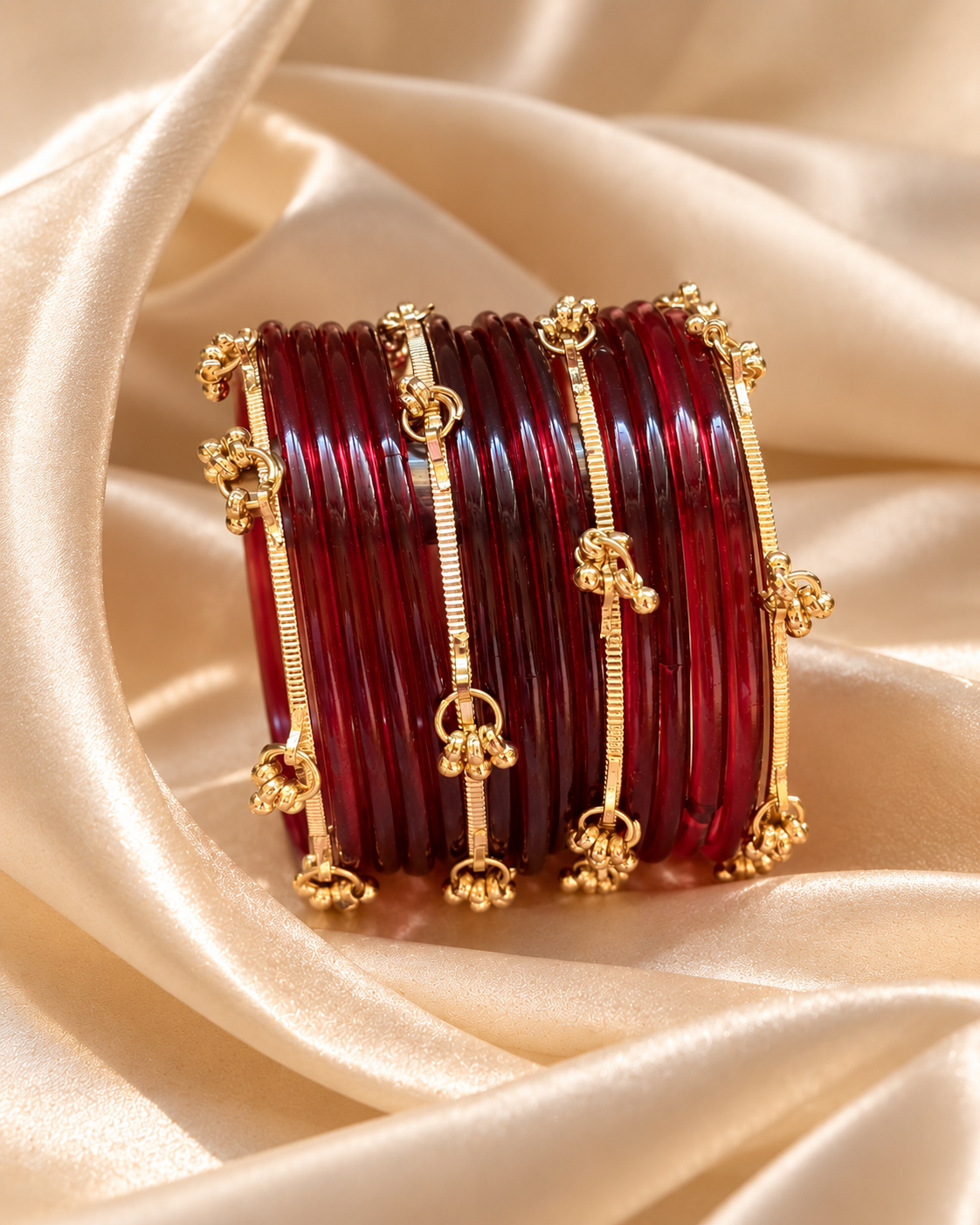 Red Glass & Kashmiri Bangles Set - (12 Glass Bangles & 6 Kashmiri Bangles)