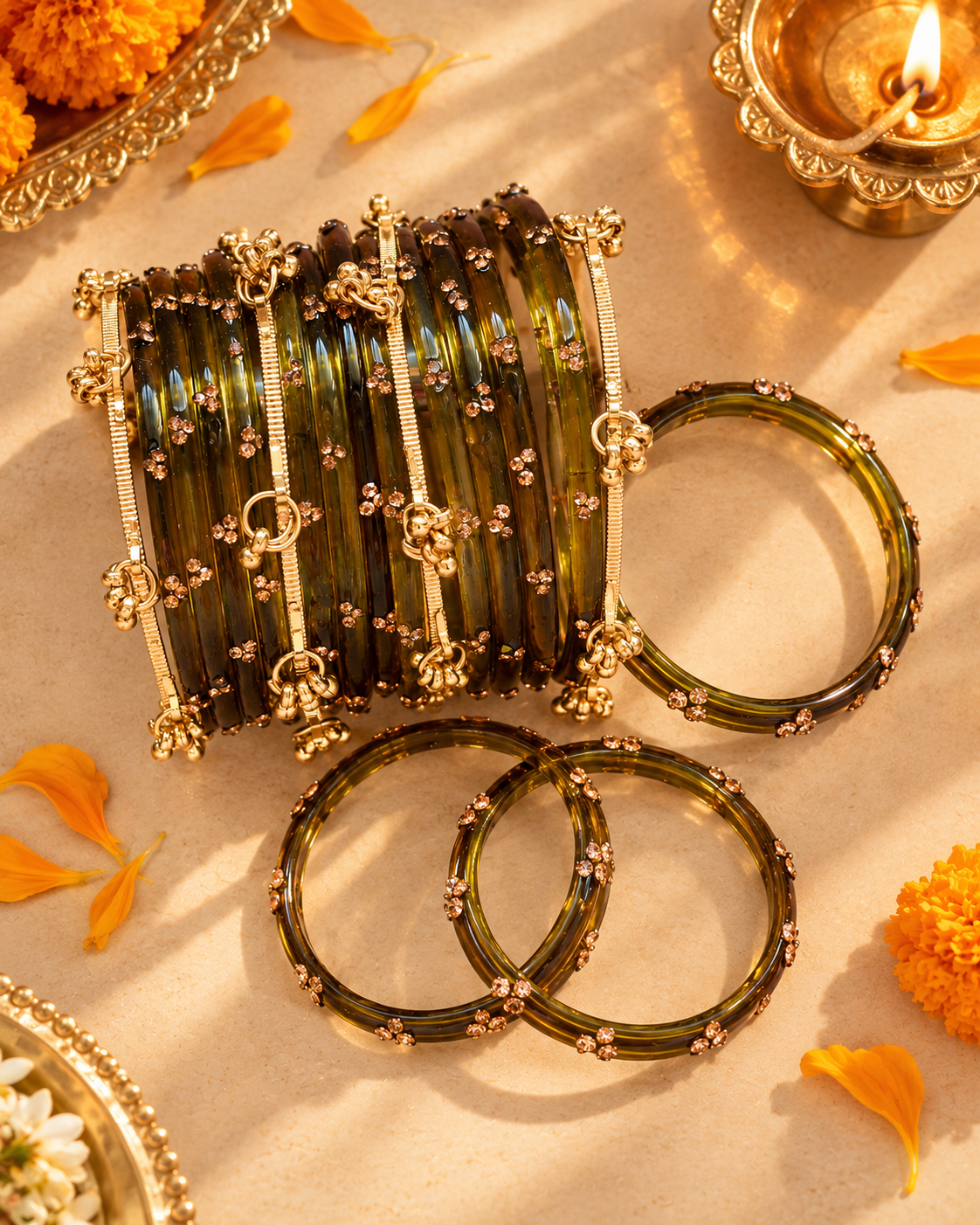 Royal Mehendi Kashmiri Bangles Set - (12 Glass bangles & 6 Kashmiri Bangles)