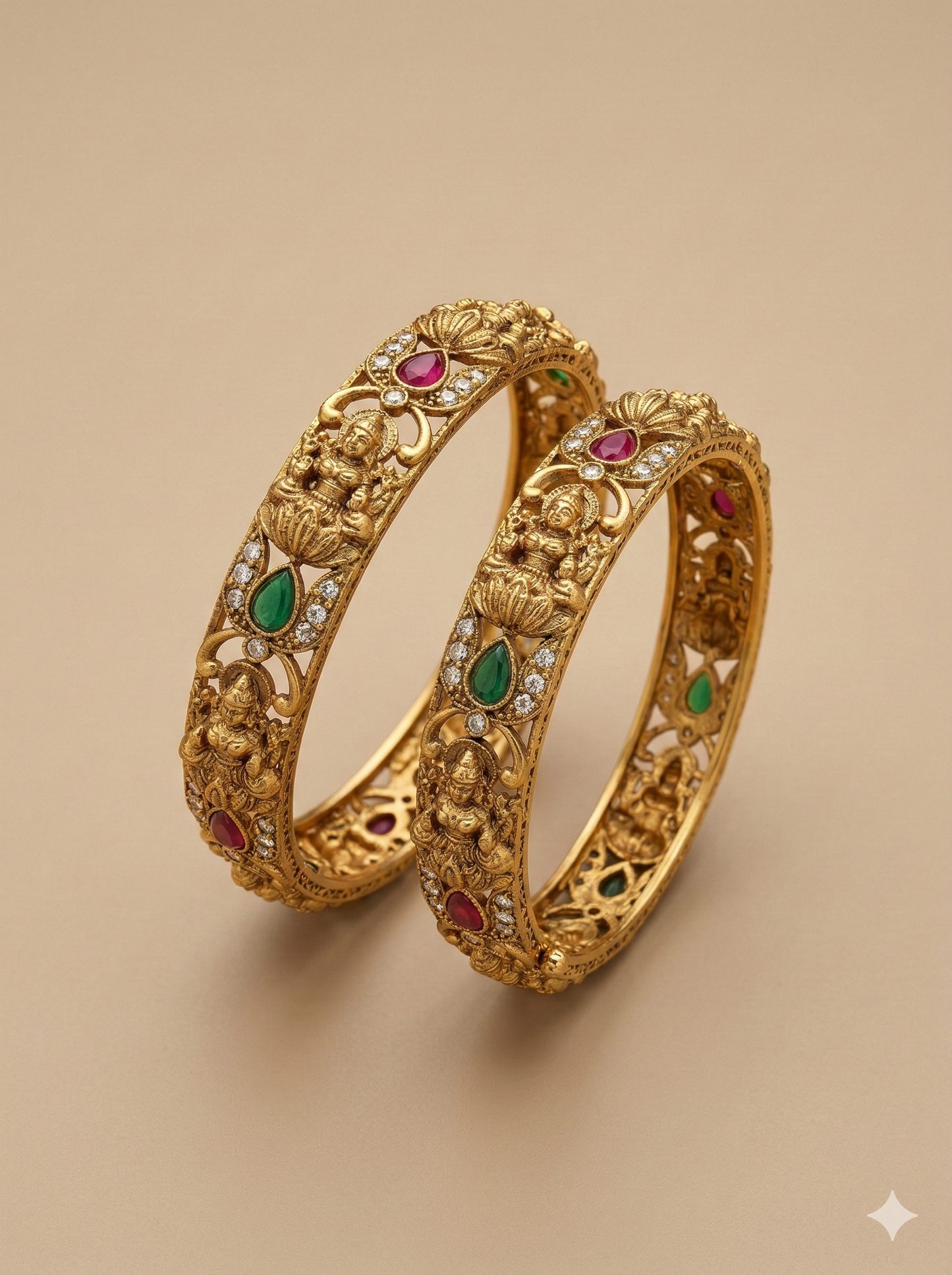 Ruby Emerald Temple Motif Gold Bangles