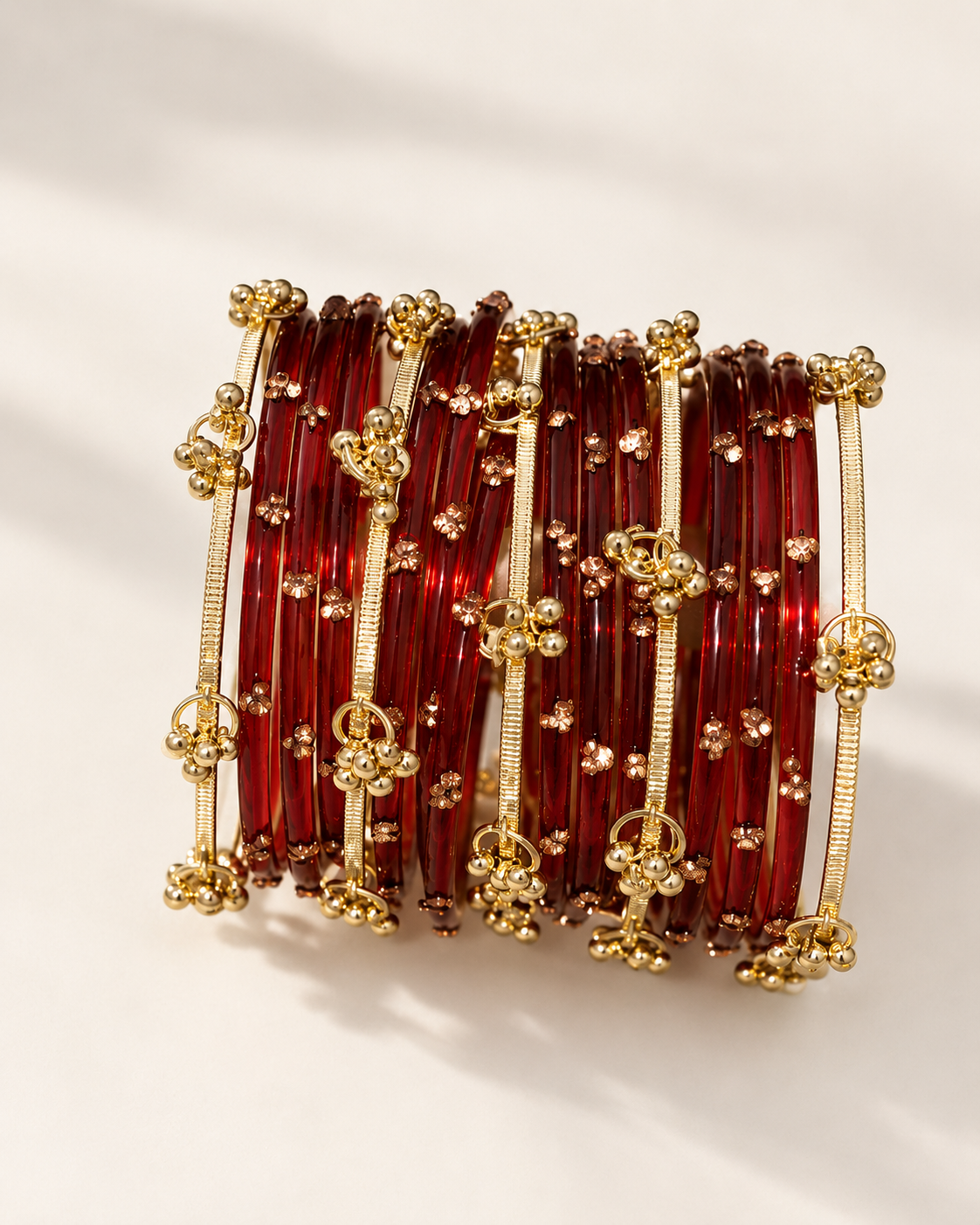 Ruby Red Glass Bangles & Kashmiri Bangle Set - (12 Glass bangles & 6 Kashmiri Bangles)