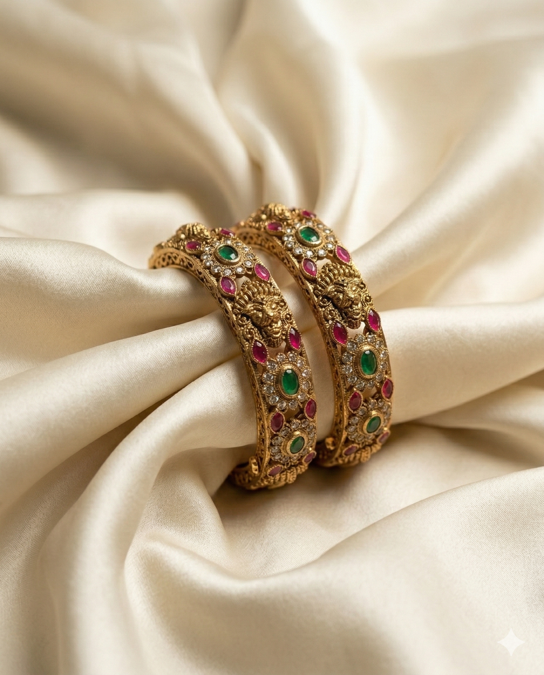 Gold bangles with gemstones on a beige fabric background