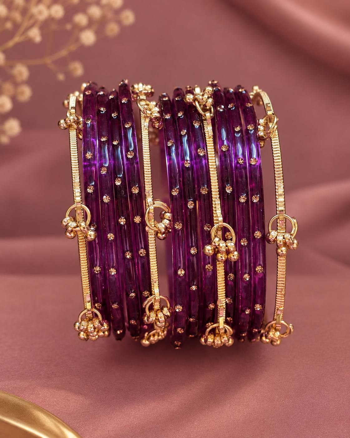 Purple Jelly & Kashmiri Bangles - (12 Glass Bangles & 6 Kashmiri Bangles)