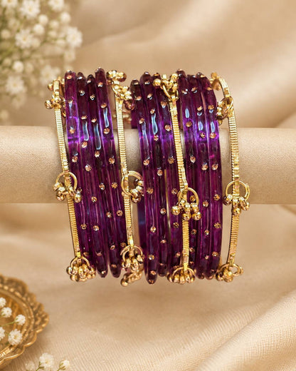 Purple Jelly & Kashmiri Bangles - (12 Glass Bangles & 6 Kashmiri Bangles)