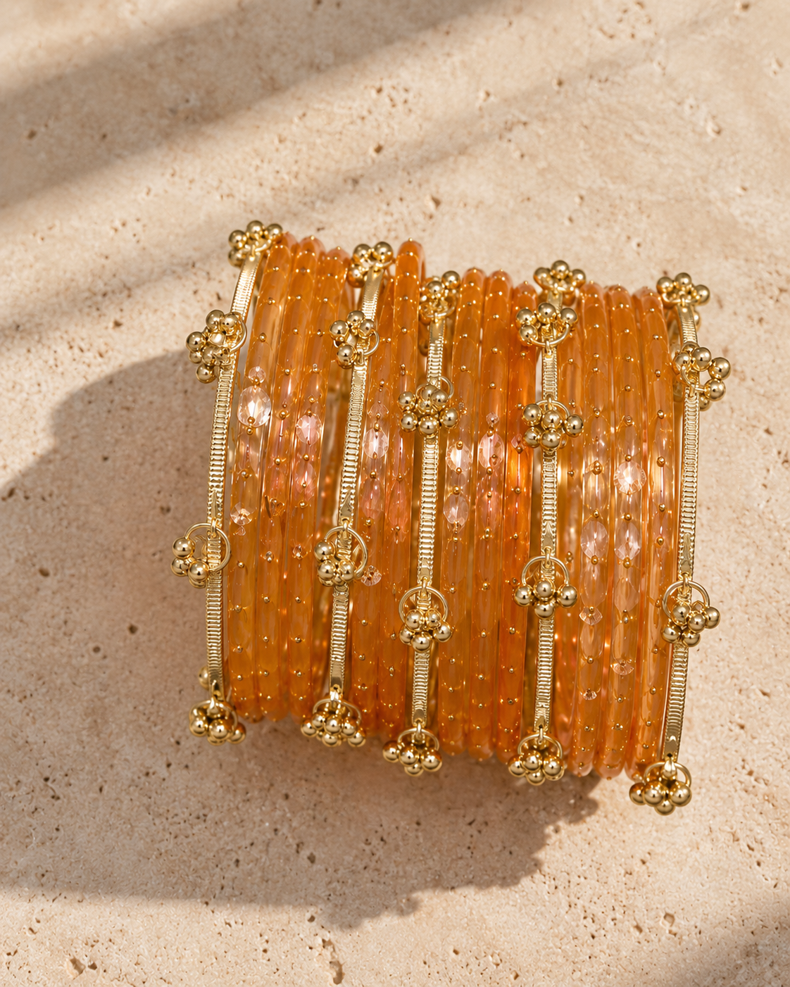 Orange Glass Bangles & Kashmiri Bangle Set - (12 Glass bangles & 6 Kashmiri Bangles)