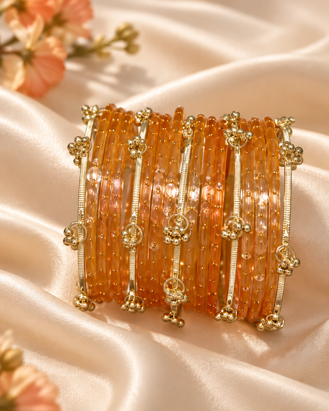 Orange Glass Bangles & Kashmiri Bangle Set - (12 Glass bangles & 6 Kashmiri Bangles)