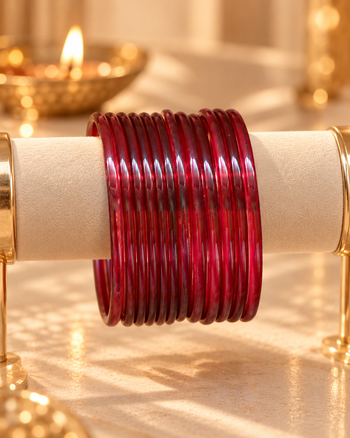 Red Glass & Kashmiri Bangles Set - (12 Glass Bangles)