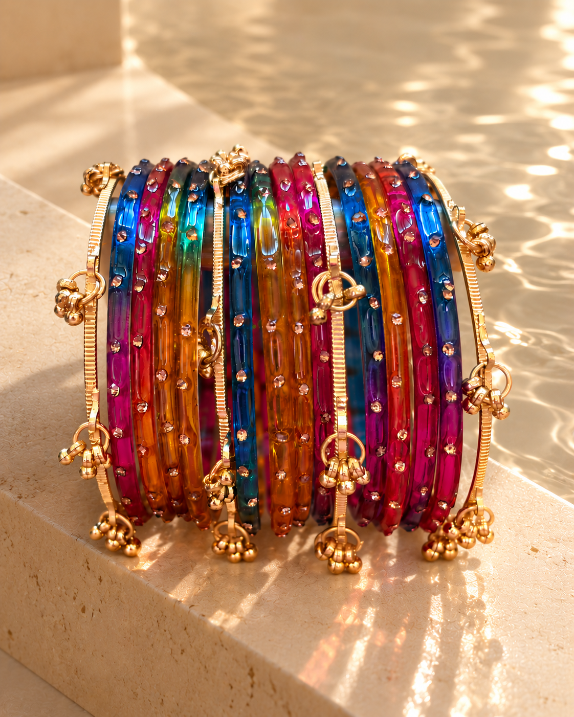 Rangoli Multicolour Glass Bangles - (12 Glass bangles & 6 Kashmiri Bangles)