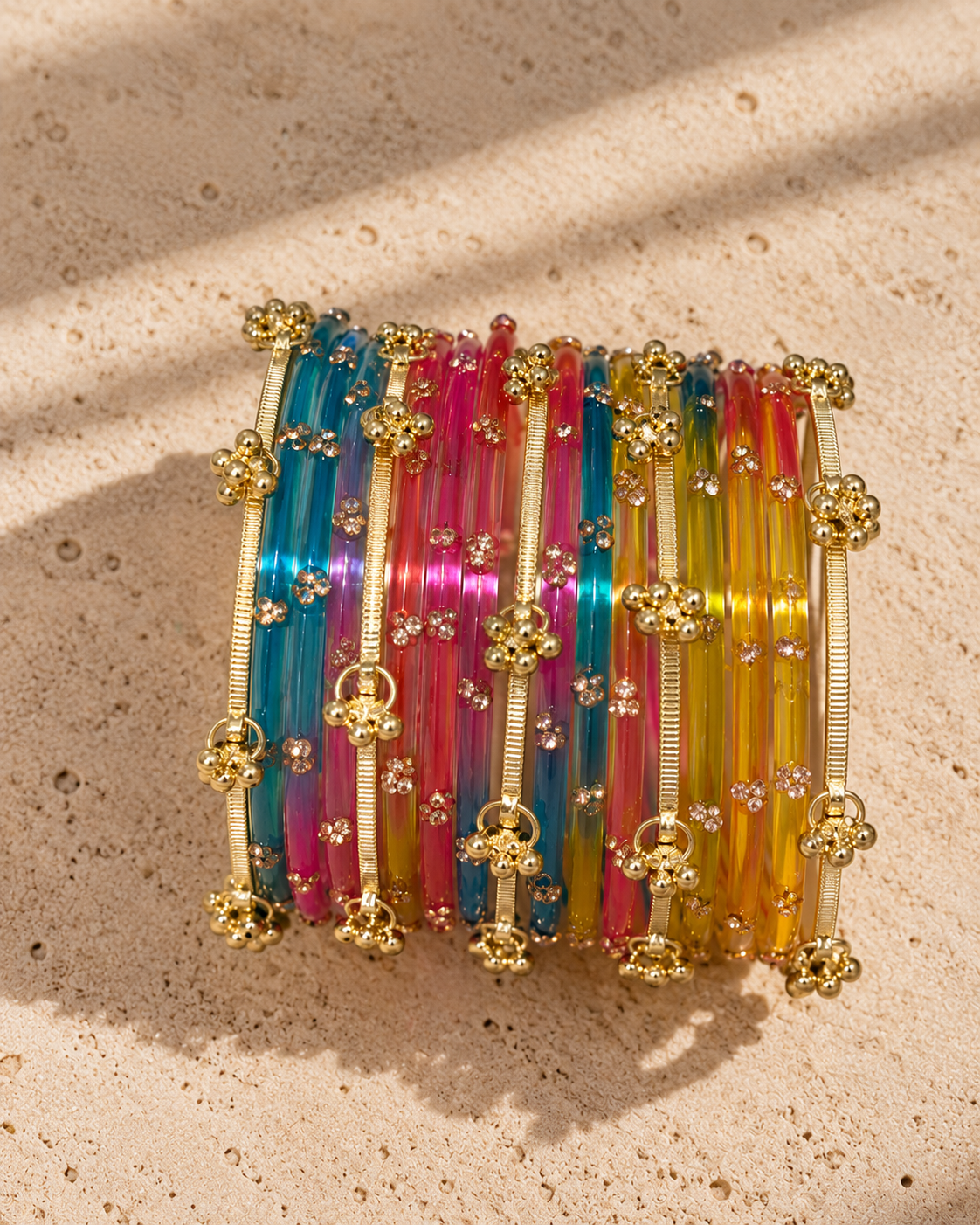 Rainbow Glass Bangle  & Kashmiri Bangle Set - (12 Glass bangles & 6 Kashmiri Bangles)