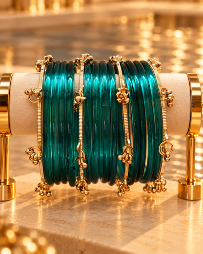 Emerald Teal Green Jelly & Kashmiri Bangles - (12 Glass Bangles & 6 Kashmiri Bangles)