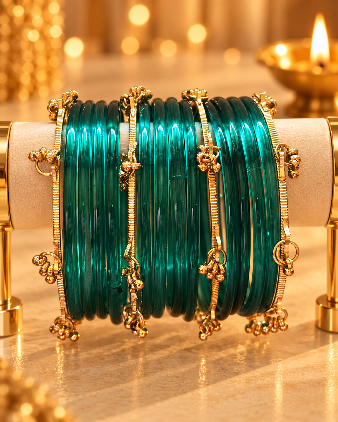 Emerald Teal Green Jelly & Kashmiri Bangles - (12 Glass Bangles & 6 Kashmiri Bangles)