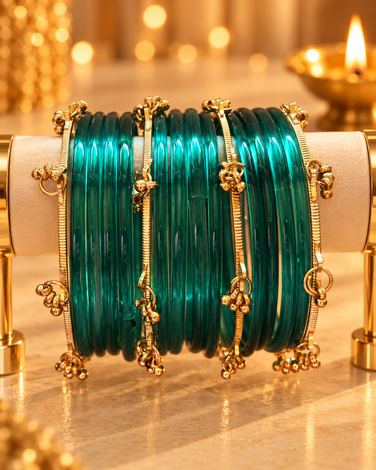 Emerald Teal Green Jelly & Kashmiri Bangles - (12 Glass Bangles & 6 Kashmiri Bangles)