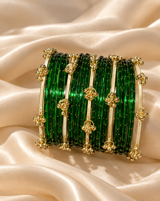 Emerald Green Glass Bangles & Kashmiri Bangle Set - (12 Glass bangles & 6 Kashmiri Bangles)