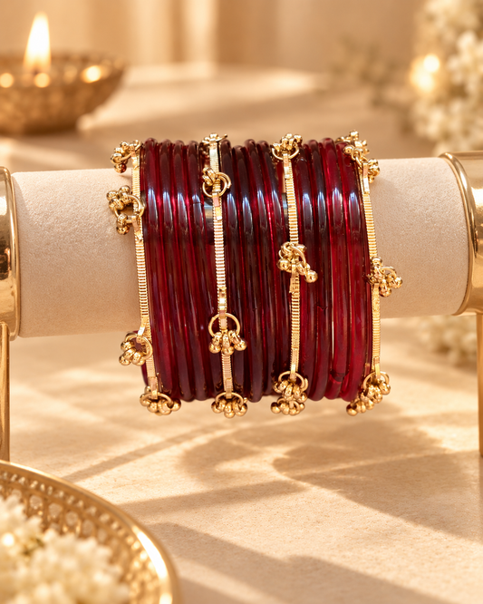 Red Glass & Kashmiri Bangles Set - (12 Glass Bangles & 6 Kashmiri Bangles)