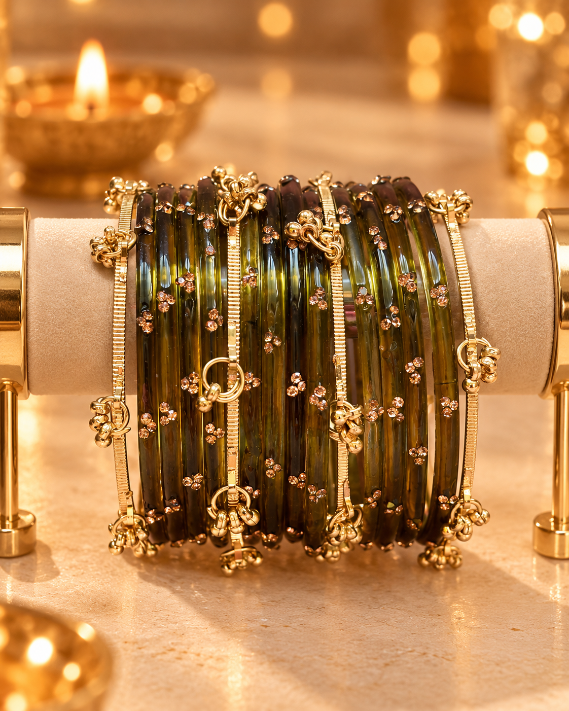 Royal Mehendi Kashmiri Bangles Set - (12 Glass bangles & 6 Kashmiri Bangles)