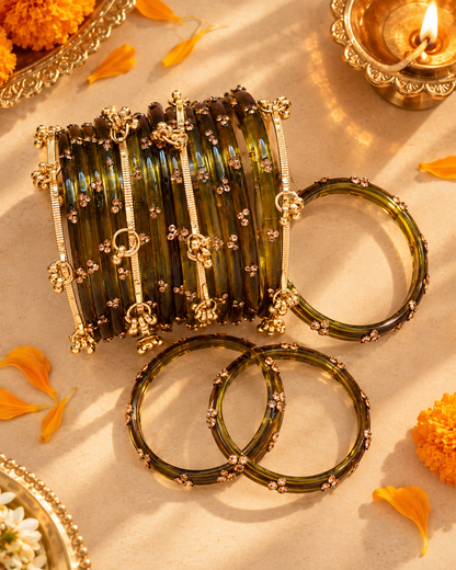 Royal Mehendi Kashmiri Bangles Set - (12 Glass bangles & 6 Kashmiri Bangles)