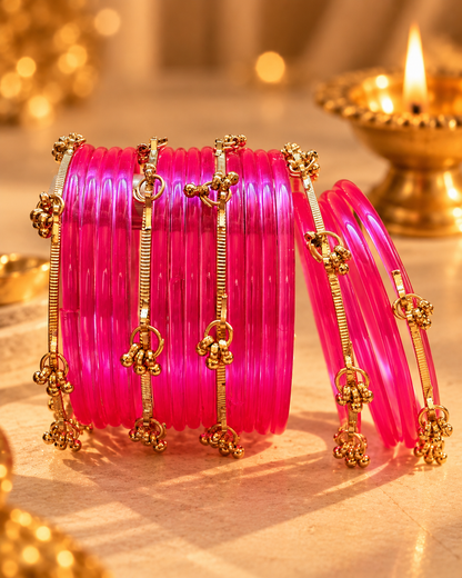 Pink Jelly Glass Bangles & Kashmiri Bangles - (12 Glass Bangles &n 6 Kashmiri Bangles)