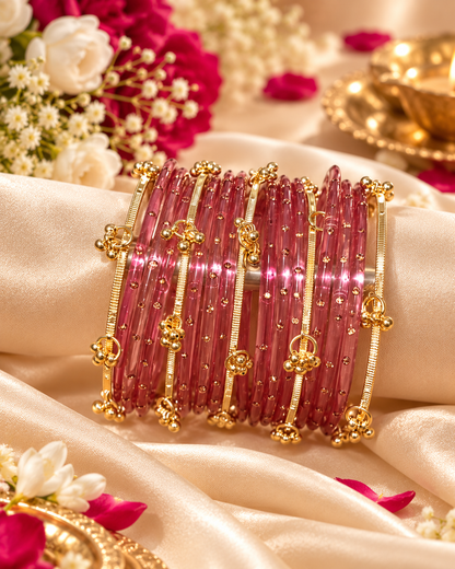 Pink Stone-studded & Kashmiri Gold Bangle Set - (12 Glass bangles & 6 Kashmiri Bangles)