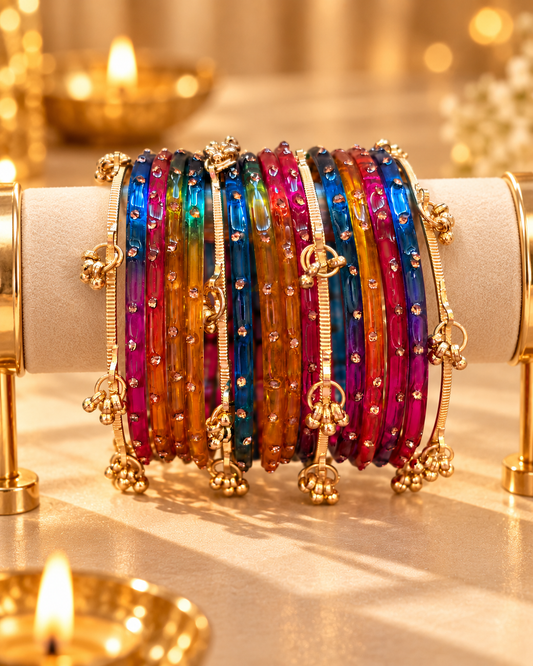 Rangoli Multicolour Glass Bangles - (12 Glass bangles & 6 Kashmiri Bangles)