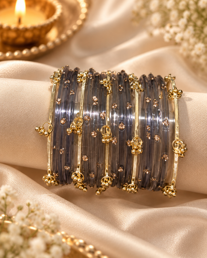 Grey Glass Bangles & Kashmiri Bangle Set - (12 Glass bangles & 6 Kashmiri Bangles)