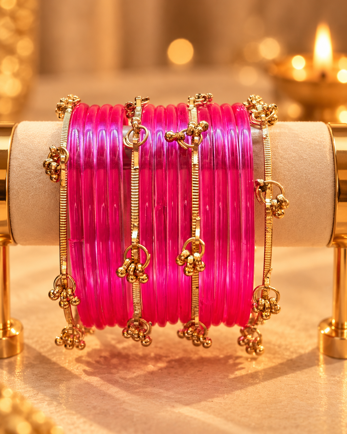 Pink Jelly Glass Bangles & Kashmiri Bangles - (12 Glass Bangles &n 6 Kashmiri Bangles)