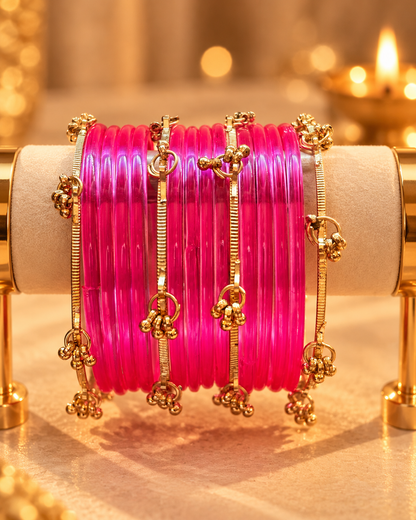 Pink Jelly Glass Bangles & Kashmiri Bangles - (12 Glass Bangles &n 6 Kashmiri Bangles)