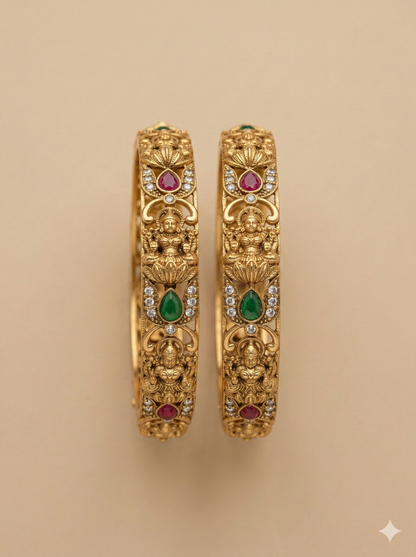 Ruby Emerald Temple Motif Gold Bangles