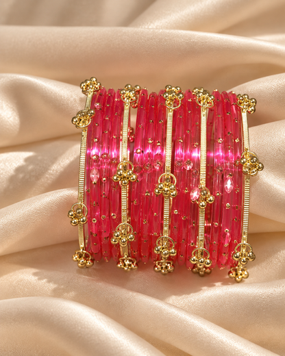 Saffron Glass Bangles & Kashmiri Bangle Set - (12 Glass bangles & 6 Kashmiri Bangles)