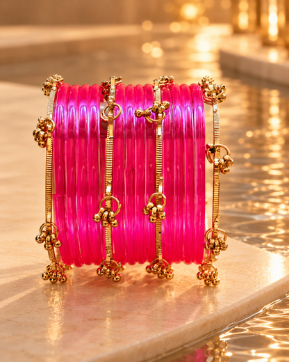 Pink Jelly Glass Bangles & Kashmiri Bangles - (12 Glass Bangles &n 6 Kashmiri Bangles)