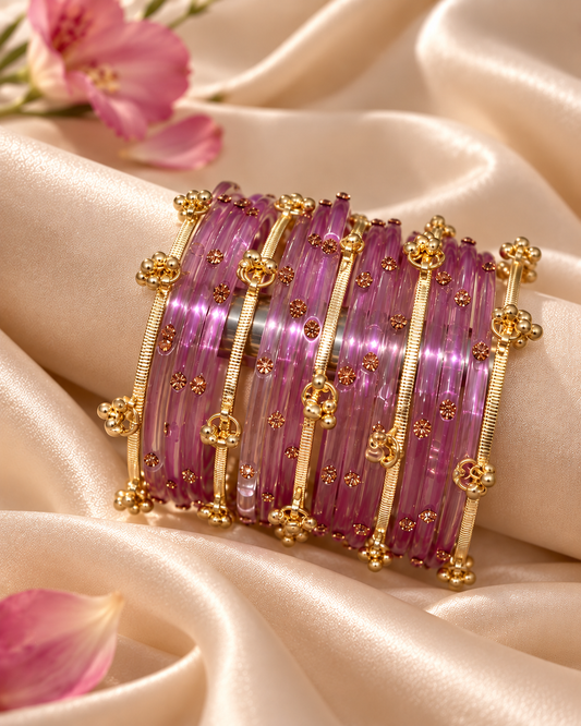 Light Pink Glass Bangles & Kashmiri Bangle Set - (12 Glass bangles & 6 Kashmiri Bangles)
