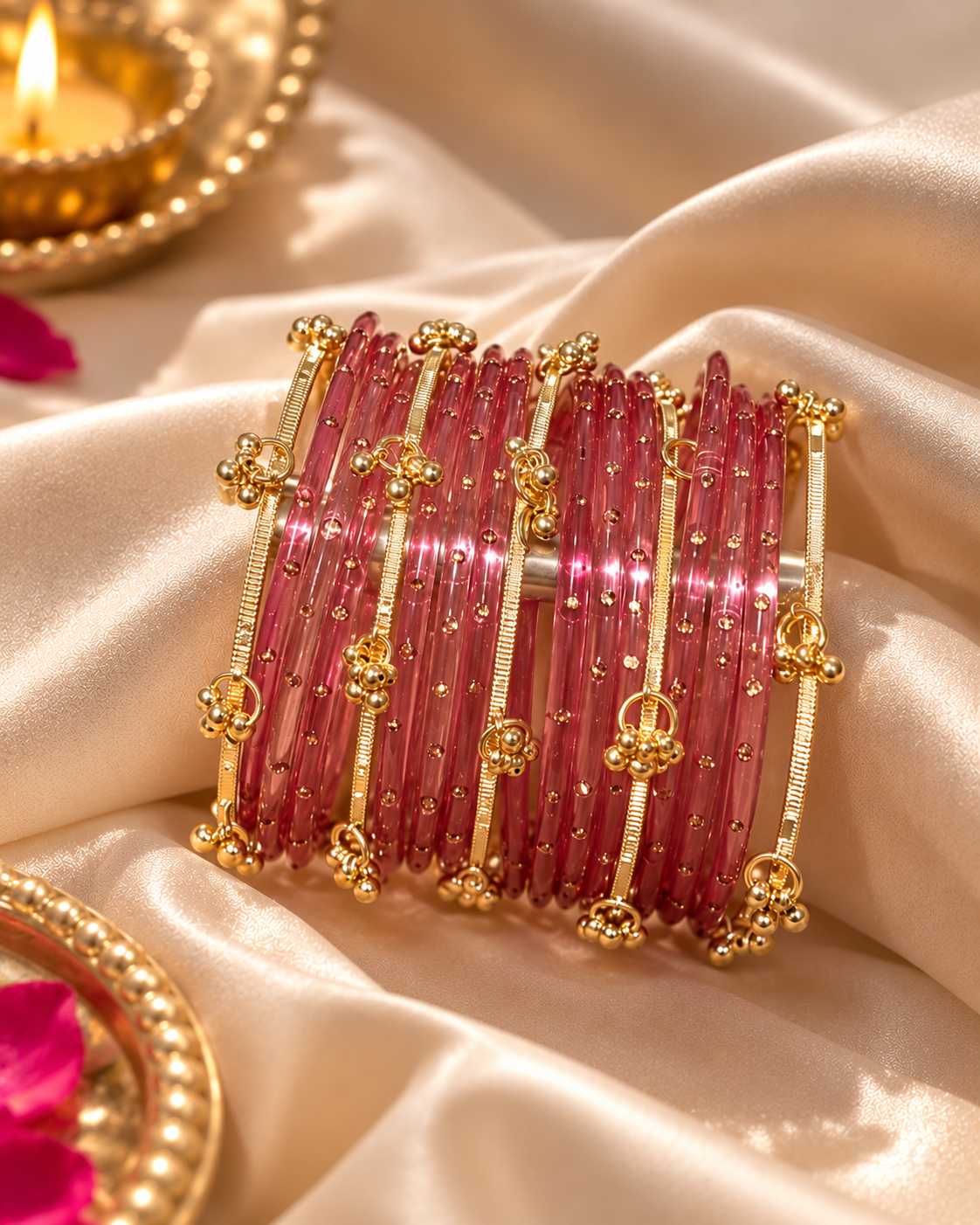 Pink Stone-studded & Kashmiri Gold Bangle Set - (12 Glass bangles & 6 Kashmiri Bangles)