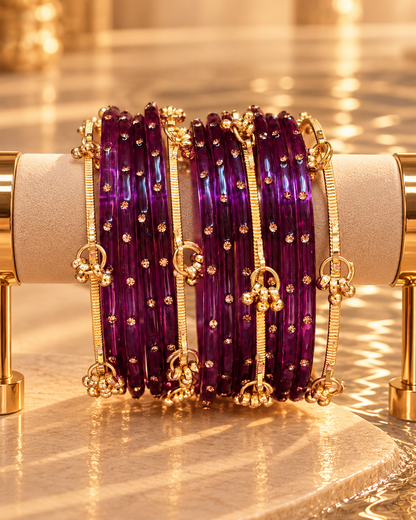 Purple Jelly & Kashmiri Bangles - (12 Glass Bangles & 6 Kashmiri Bangles)