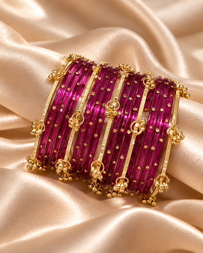 Magenta and Gold Kashmiri Bangles Set - (12 Glass bangles & 6 Kashmiri Bangles)