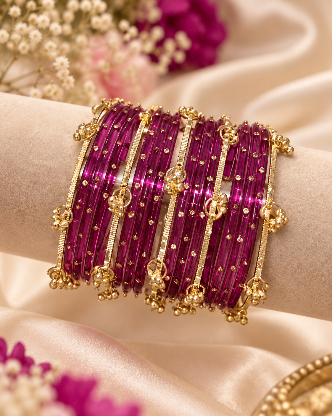 Magenta and Gold Kashmiri Bangles Set - (12 Glass bangles & 6 Kashmiri Bangles)