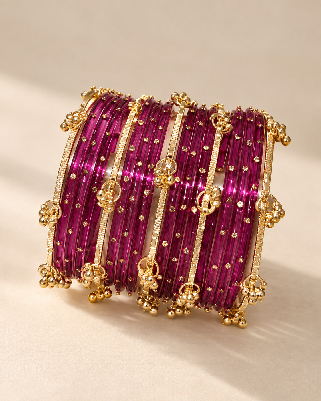 Magenta and Gold Kashmiri Bangles Set - (12 Glass bangles & 6 Kashmiri Bangles)