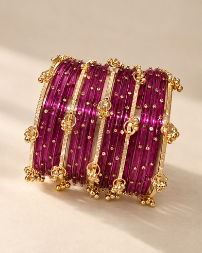 Magenta and Gold Kashmiri Bangles Set - (12 Glass bangles & 6 Kashmiri Bangles)