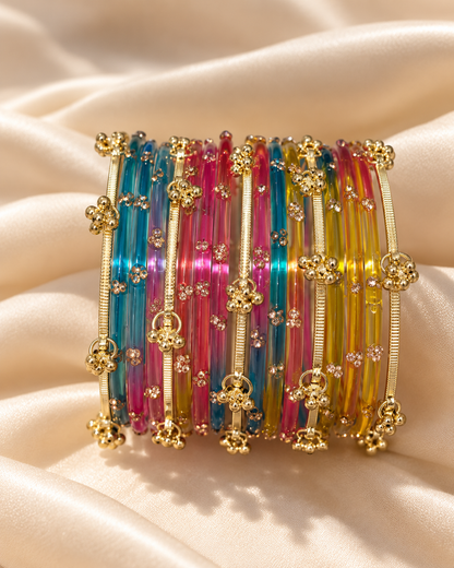 Rainbow Glass Bangle  & Kashmiri Bangle Set - (12 Glass bangles & 6 Kashmiri Bangles)