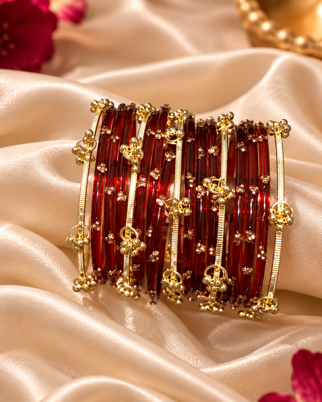 Ruby Red Glass Bangles & Kashmiri Bangle Set - (12 Glass bangles & 6 Kashmiri Bangles)
