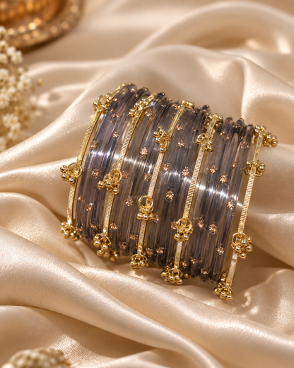 Grey Glass Bangles & Kashmiri Bangle Set - (12 Glass bangles & 6 Kashmiri Bangles)