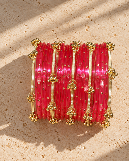 Saffron Glass Bangles & Kashmiri Bangle Set - (12 Glass bangles & 6 Kashmiri Bangles)