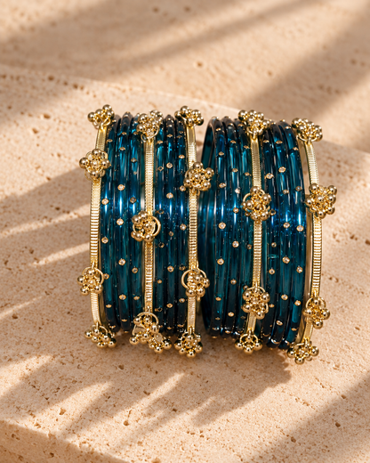 Royal Neel Kashmiri Bangles Set - (12 Glass bangles & 6 Kashmiri Bangles)