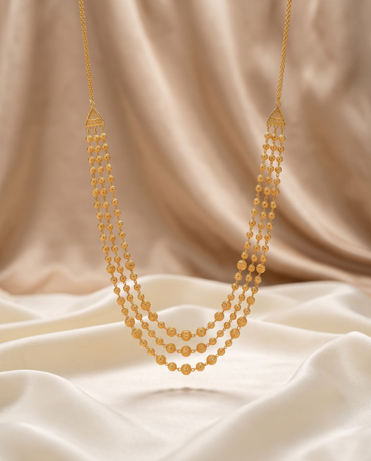 Premium Gold Plated Long Fancy Ball - 3 Line Mala