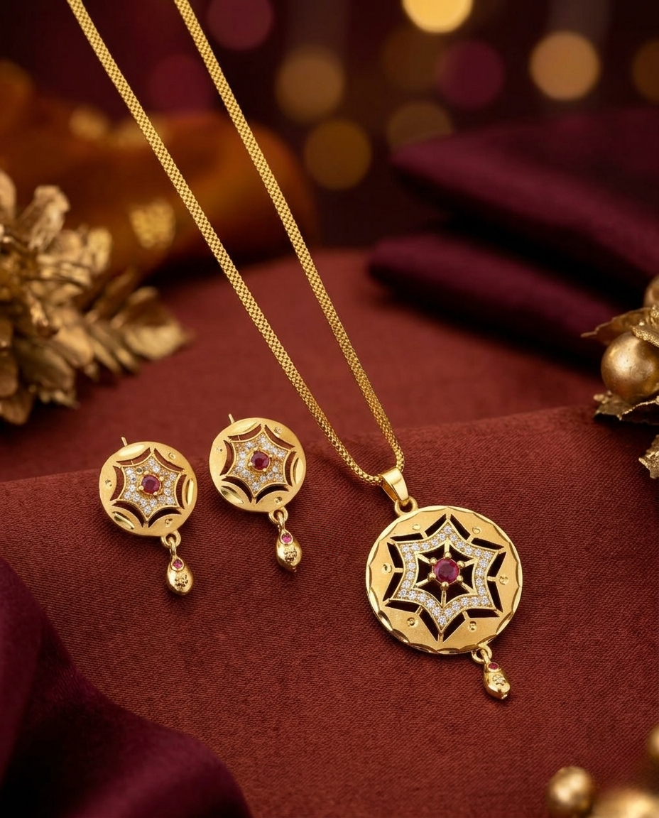 Micro Gold Platted Svarna Imperial Aura Pendant & Earrings Set