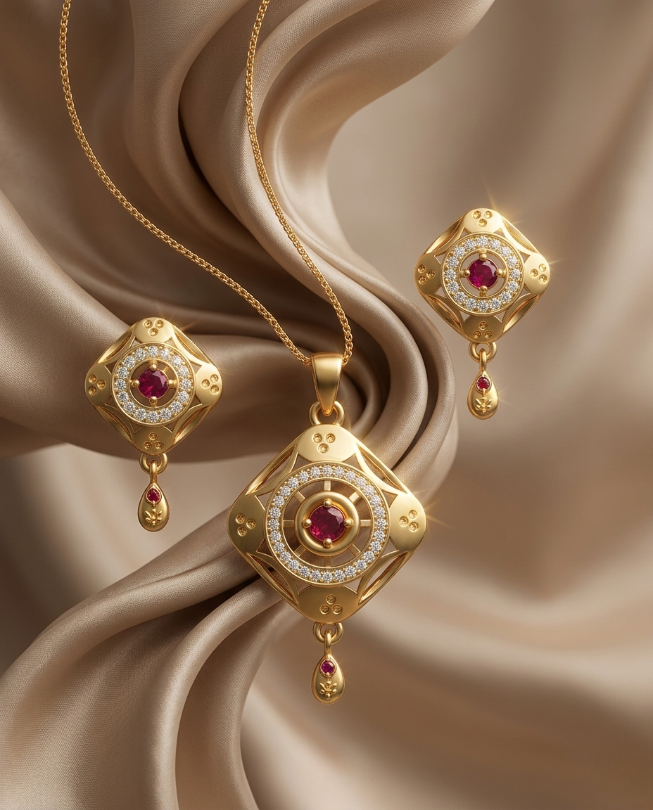 Micro Gold Platted Svarna Ratna Luxe Pendant & Earrings Set