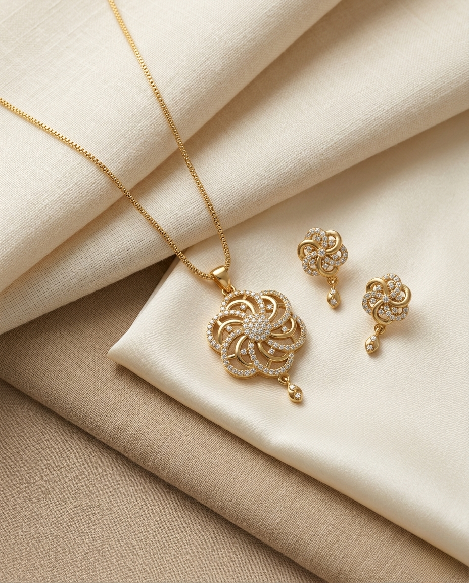 Micro Gold Platted Svarna Bloom Royale Pendant & Earrings Set