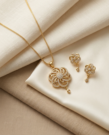 Micro Gold Platted Svarna Bloom Royale Pendant & Earrings Set