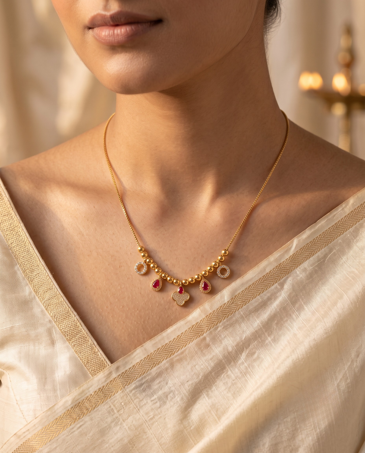 Gold Plated Svarna Ruby Bloom Necklace
