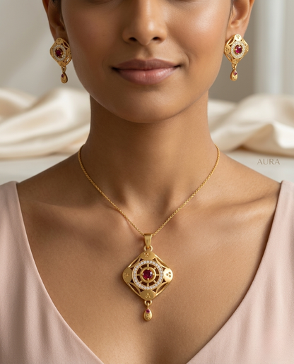 Micro Gold Platted Svarna Ratna Luxe Pendant & Earrings Set