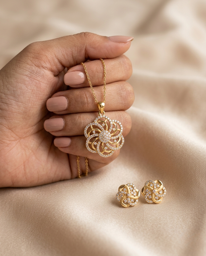 Micro Gold Platted Svarna Bloom Royale Pendant & Earrings Set