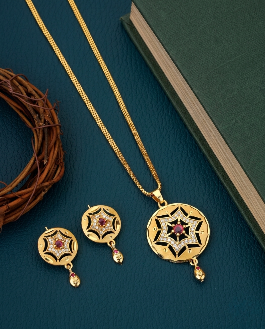 Micro Gold Platted Svarna Imperial Aura Pendant & Earrings Set