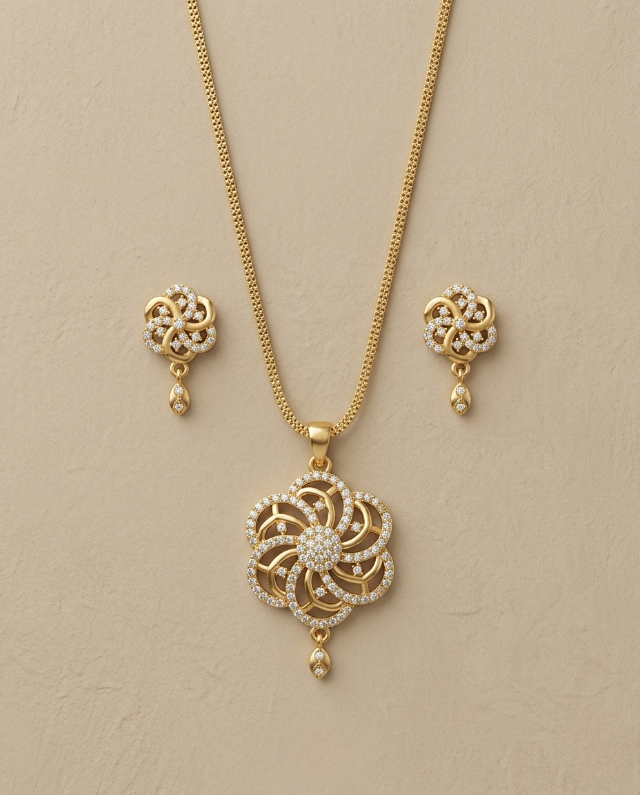 Micro Gold Platted Svarna Bloom Royale Pendant & Earrings Set